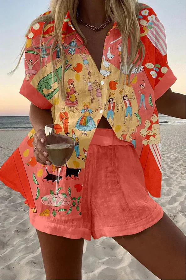 Conjunto Coordinado de Verano Estampado Ilustrado Fantástico