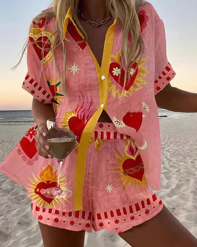Conjunto Coordinado de Verano Rosa Estampado Corazones Rojo y Oro