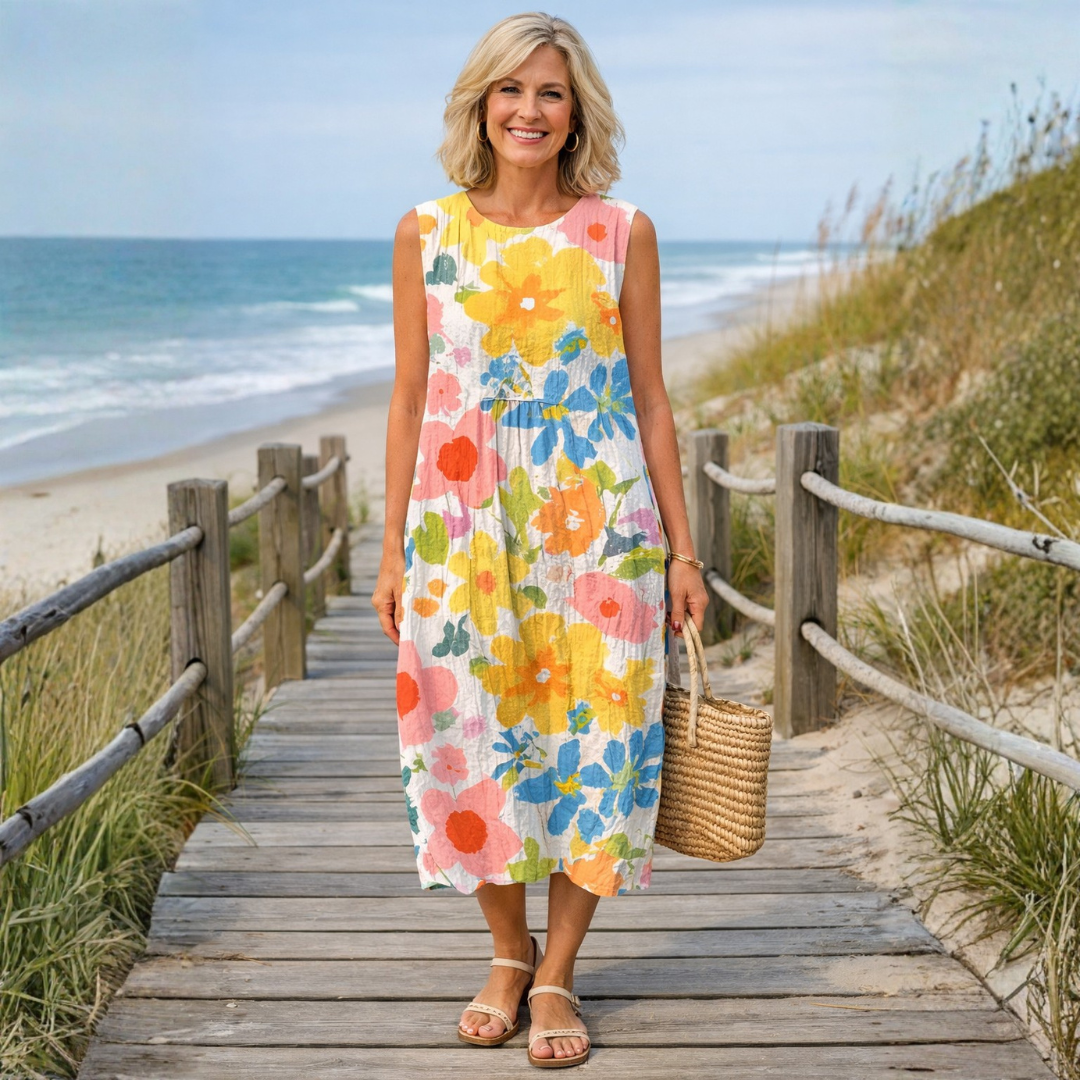 Vestido Midi Floral Pastel sin Mangas