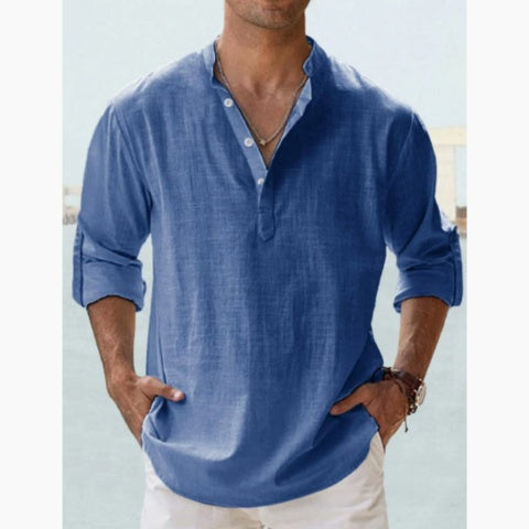 Camisa de Lino Manga Larga Cuello Abierto