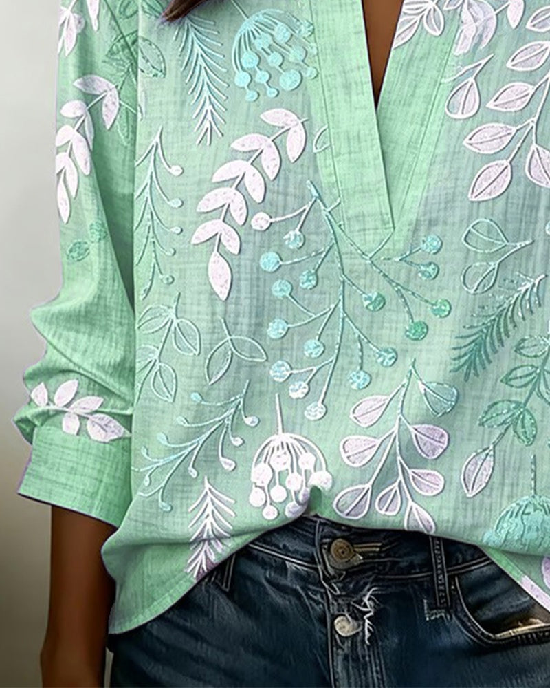 Blusa Estampada Floral Manga Larga Escote V