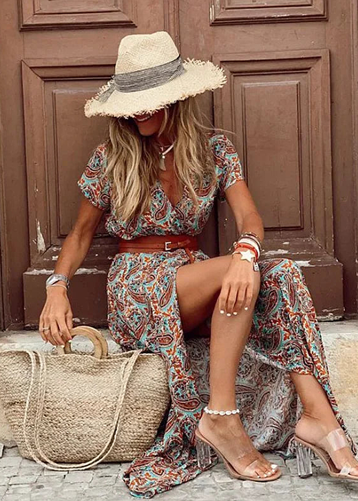 Vestido Bohemio Largo con Cintura Fruncida