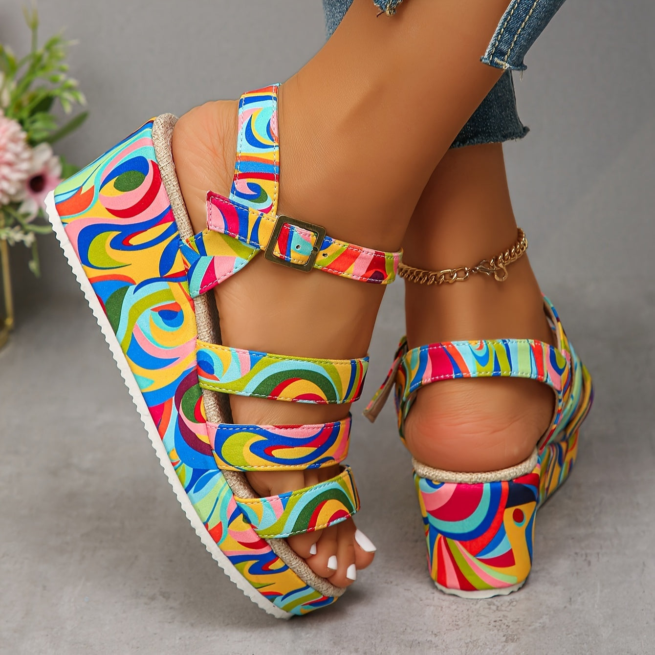 Chanclas Plataforma Estampadas Tiras Tobillo