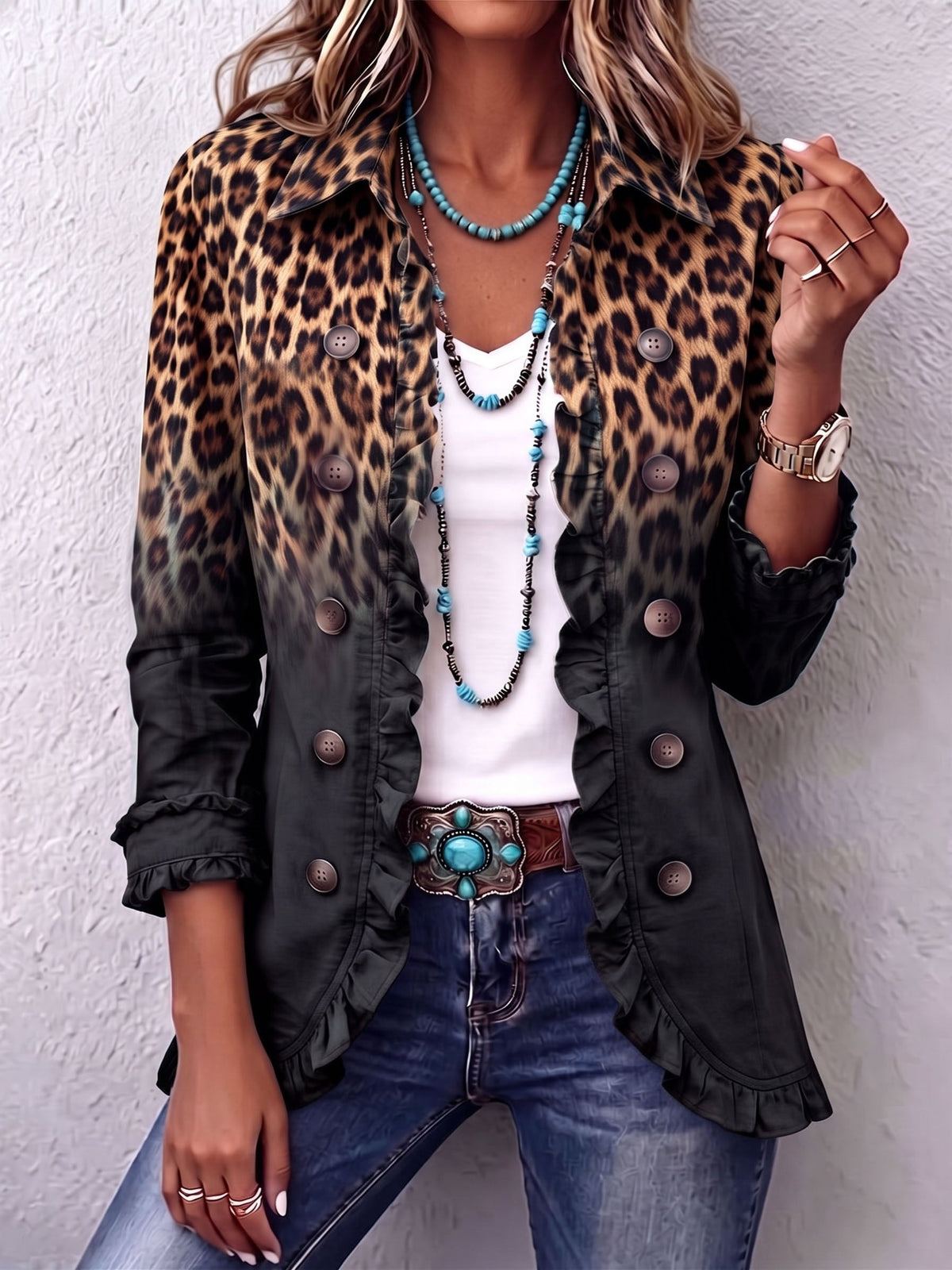 Chaqueta Blazer Leopardo Negro con Volantes