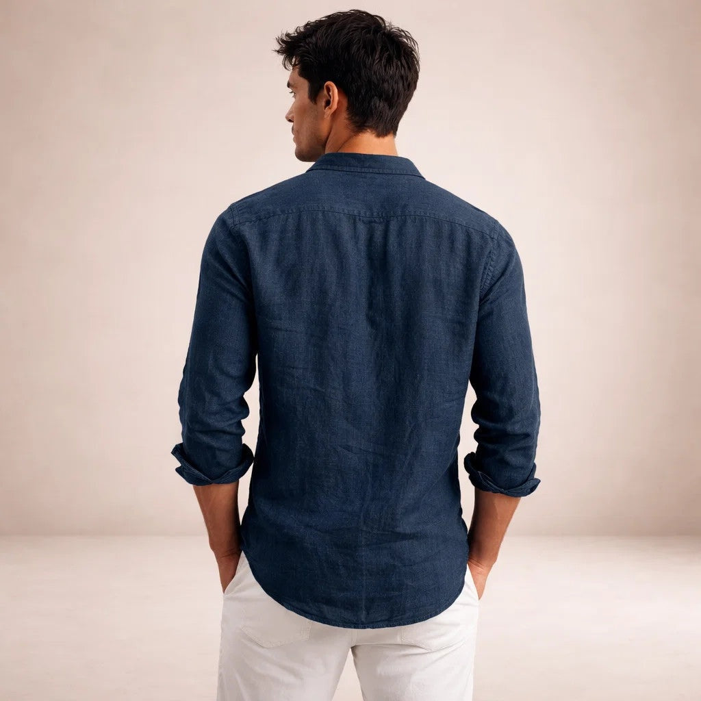 Camisa de Lino Manga Larga Cuello Mao