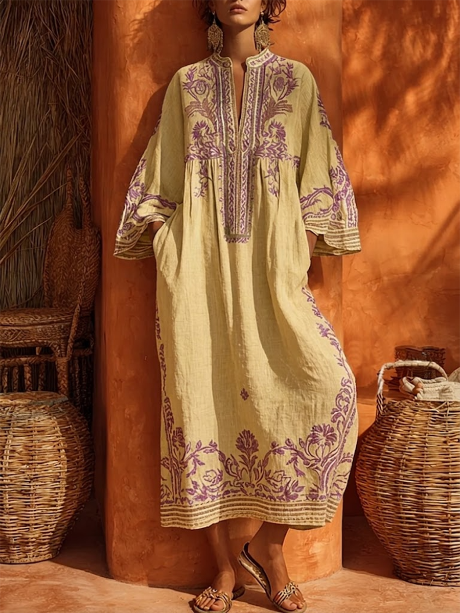 Vestido Largo Bordado Boho Escote V Manga Larga