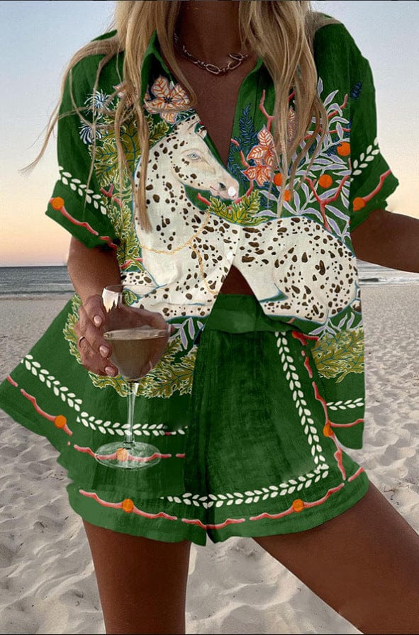 Conjunto Coordinado de Verano Estampado Botánico Caballo y Flores
