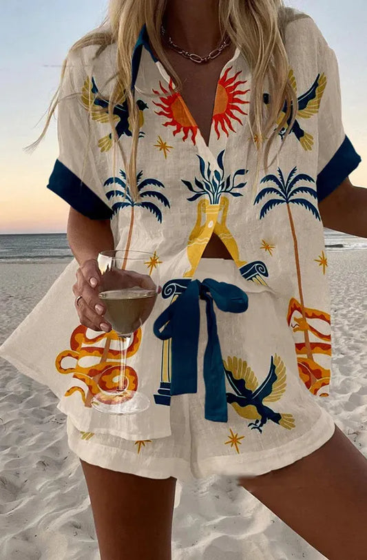 Conjunto Coordinado de Verano Blanco Estampado Celestial