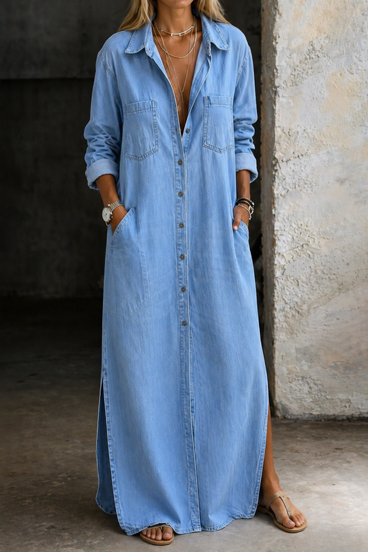 Vestido Denim con Botones, Corte Suave y Fluido