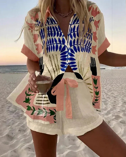 Conjunto Coordinado de Verano Azul Cobalto Estampado Hojas