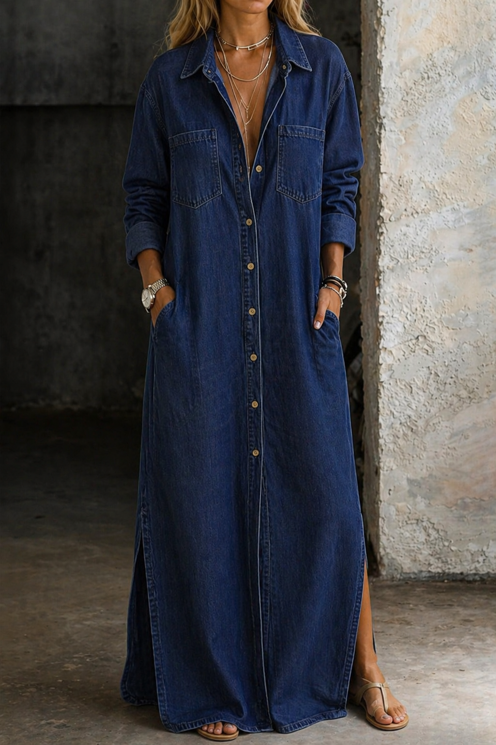 Vestido Denim con Botones, Corte Suave y Fluido