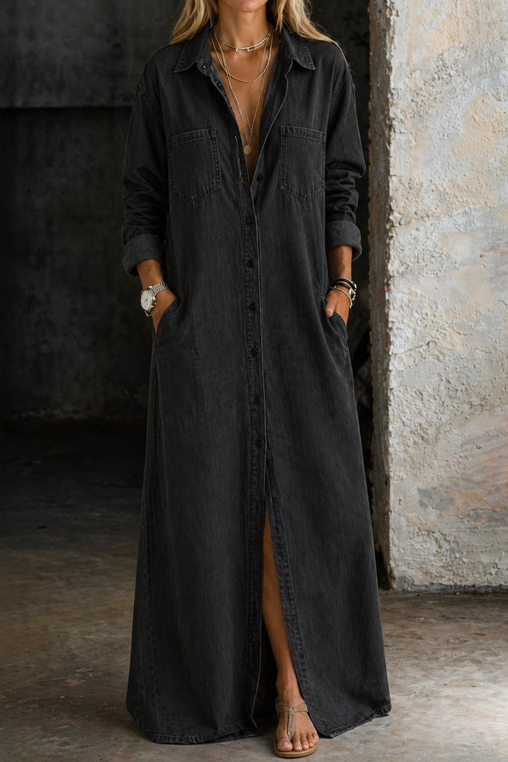 Vestido Denim con Botones, Corte Suave y Fluido