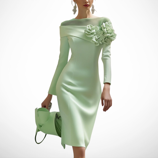 Vestido con Hombros Descubiertos y Flores 3D