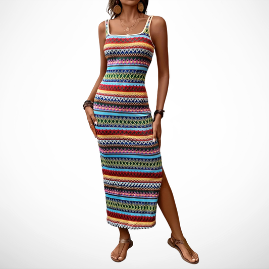 Vestido Largo Bohemio Estampado Multicolor con Abertura