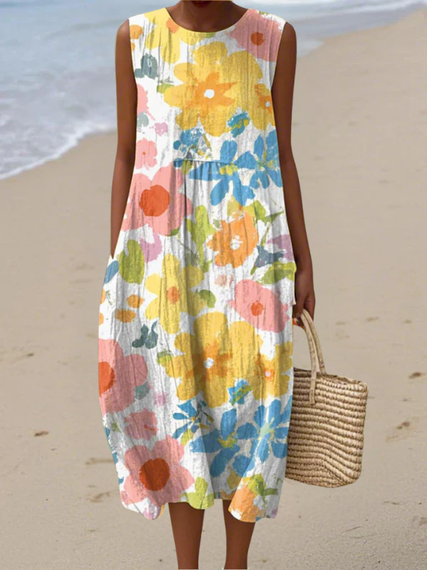Vestido Midi Floral Pastel sin Mangas