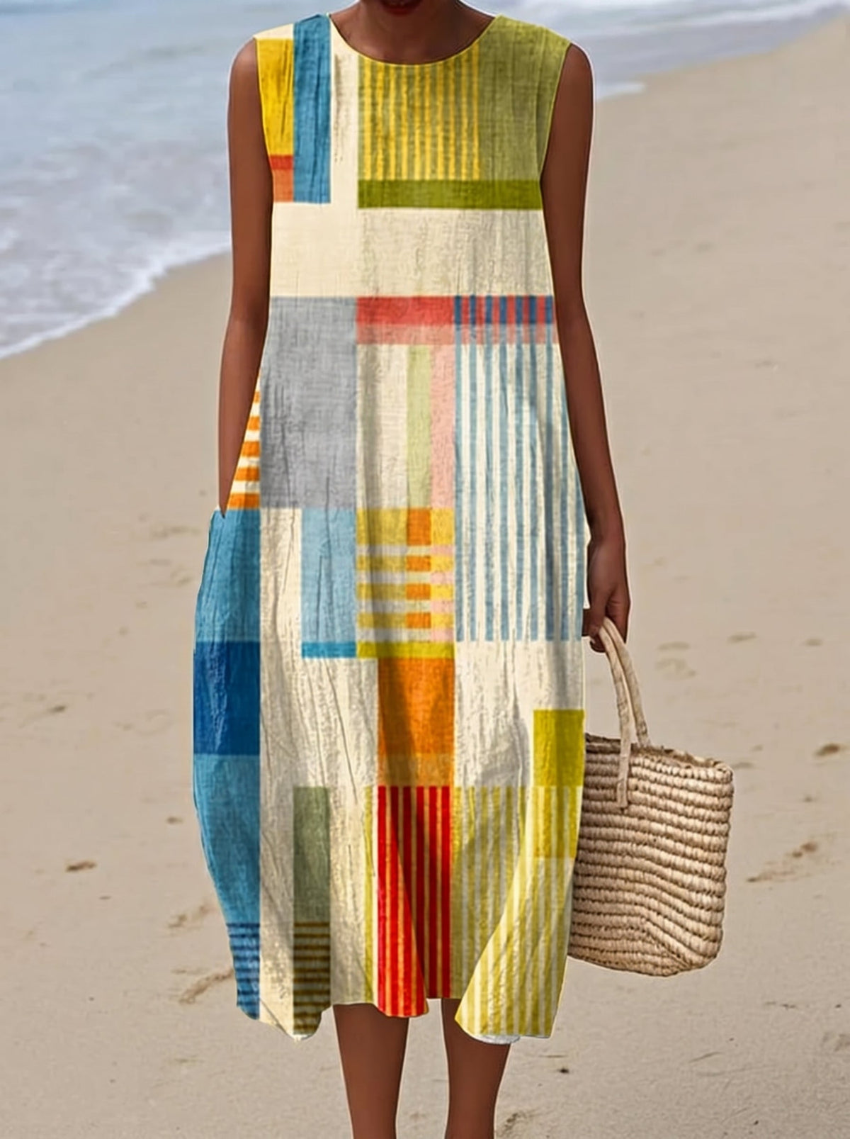 Vestido Midi Geométrico sin Mangas
