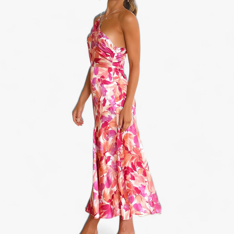 Vestido Ajustado con Estampado Floral y Drapeado Asimétrico