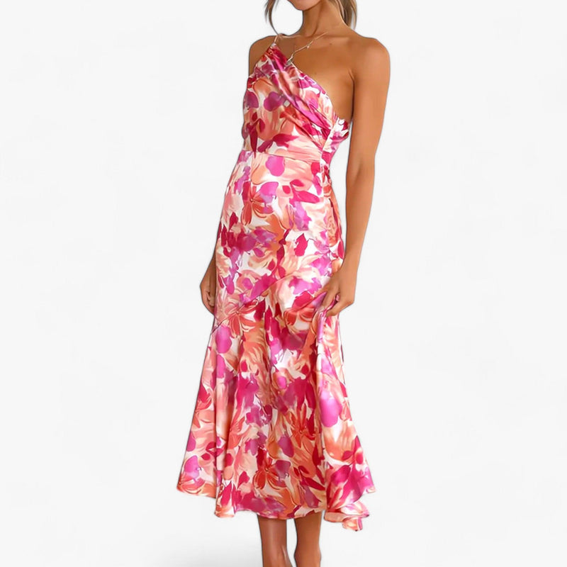 Vestido Ajustado con Estampado Floral y Drapeado Asimétrico