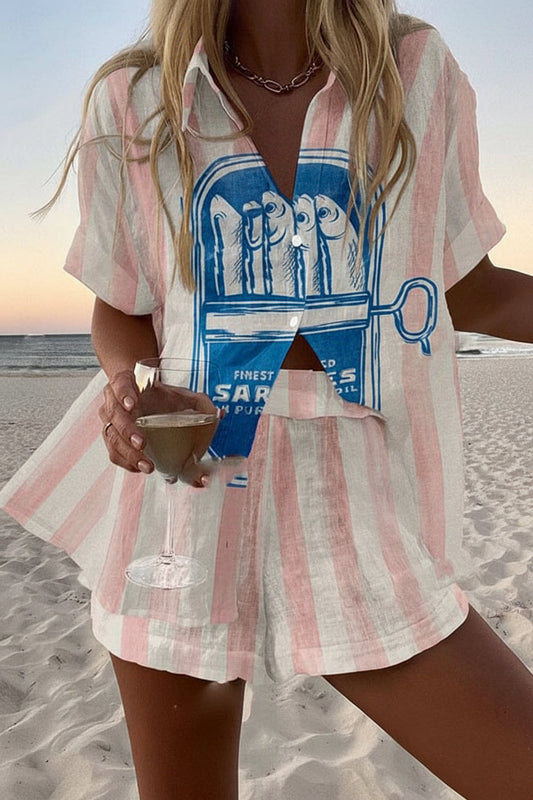 Conjunto Coordinado de Verano Rayas Rosa con Estampado Juguetón