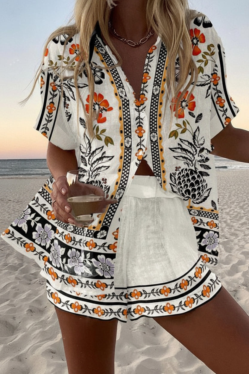 Conjunto Coordinado de Verano Blanco Boho Estampado Piñas
