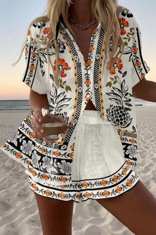 Conjunto Coordinado de Verano Blanco Boho Estampado Piñas