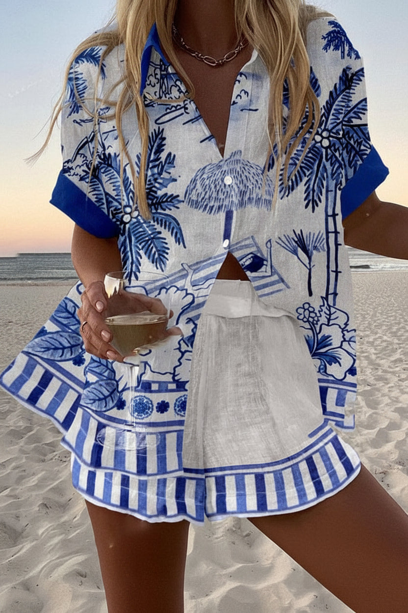Conjunto Coordinado de Verano Blanco Estampado Tropical Azul