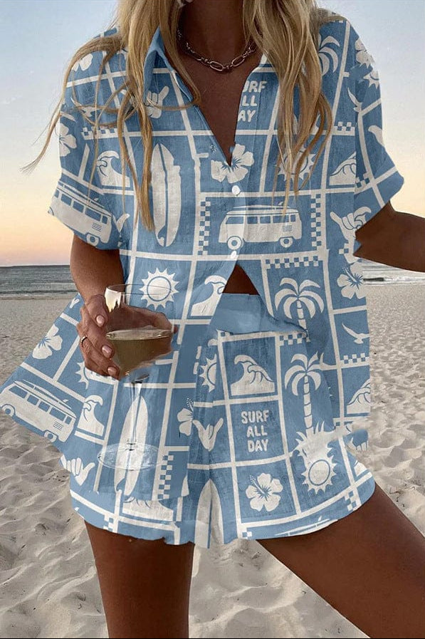 Conjunto Coordinado de Verano Estampado Surf Retro Azul