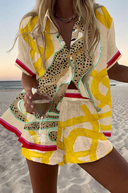 Conjunto Coordinado de Verano Estampado Leopardo Dorado