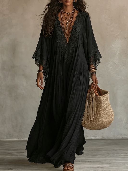 Vestido Largo Negro con Escote en V y Mangas Murciélago