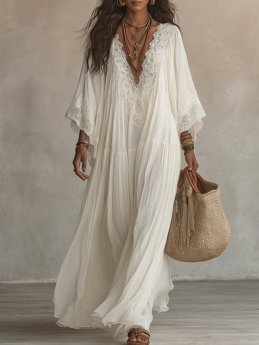 Vestido Largo de Gasa Marfil con Mangas Murciélago y Encaje
