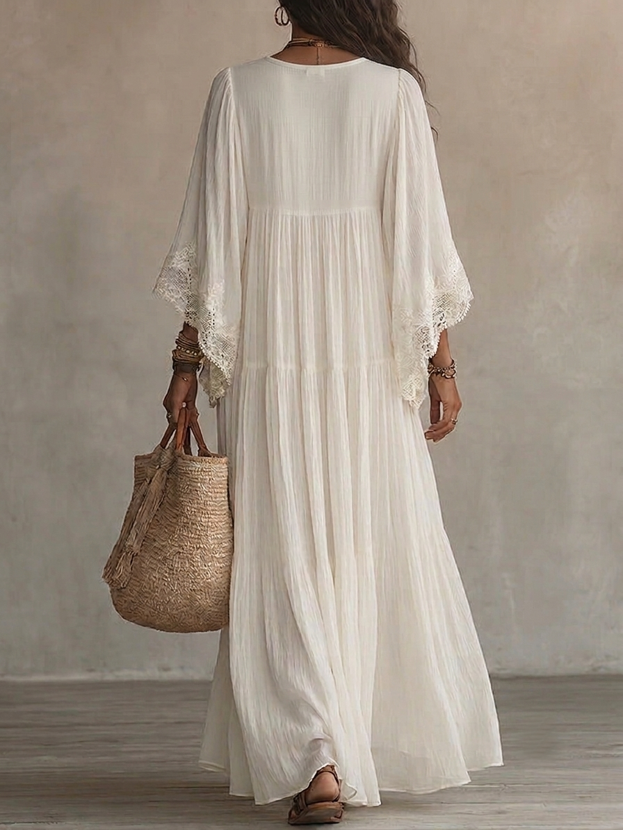 Vestido Largo de Gasa Marfil con Mangas Murciélago y Encaje