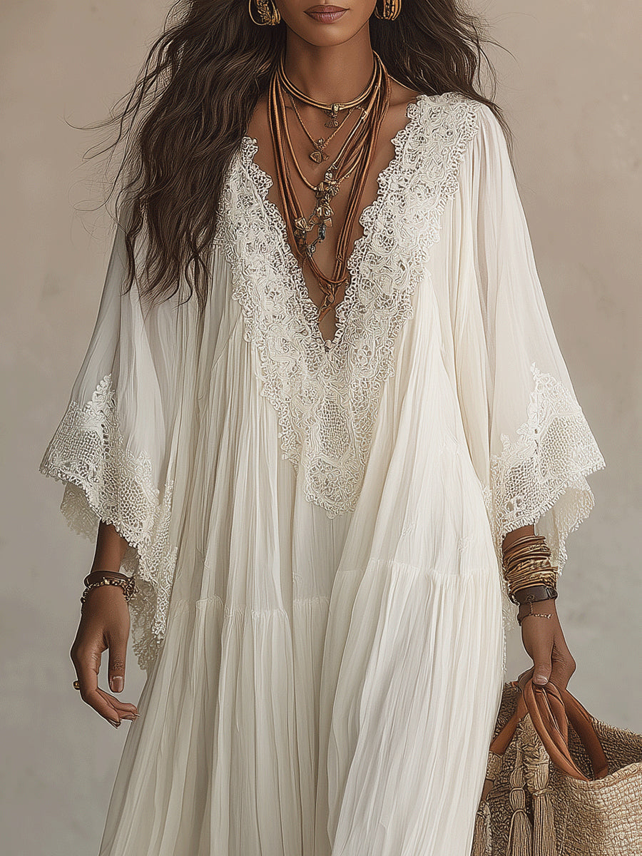 Vestido Largo de Gasa Marfil con Mangas Murciélago y Encaje