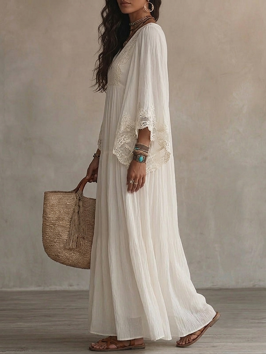 Vestido Largo de Gasa Marfil con Mangas Murciélago y Encaje