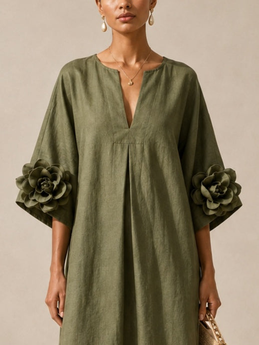 Vestido Midi Verde Oliva con Mangas Bordadas Florales