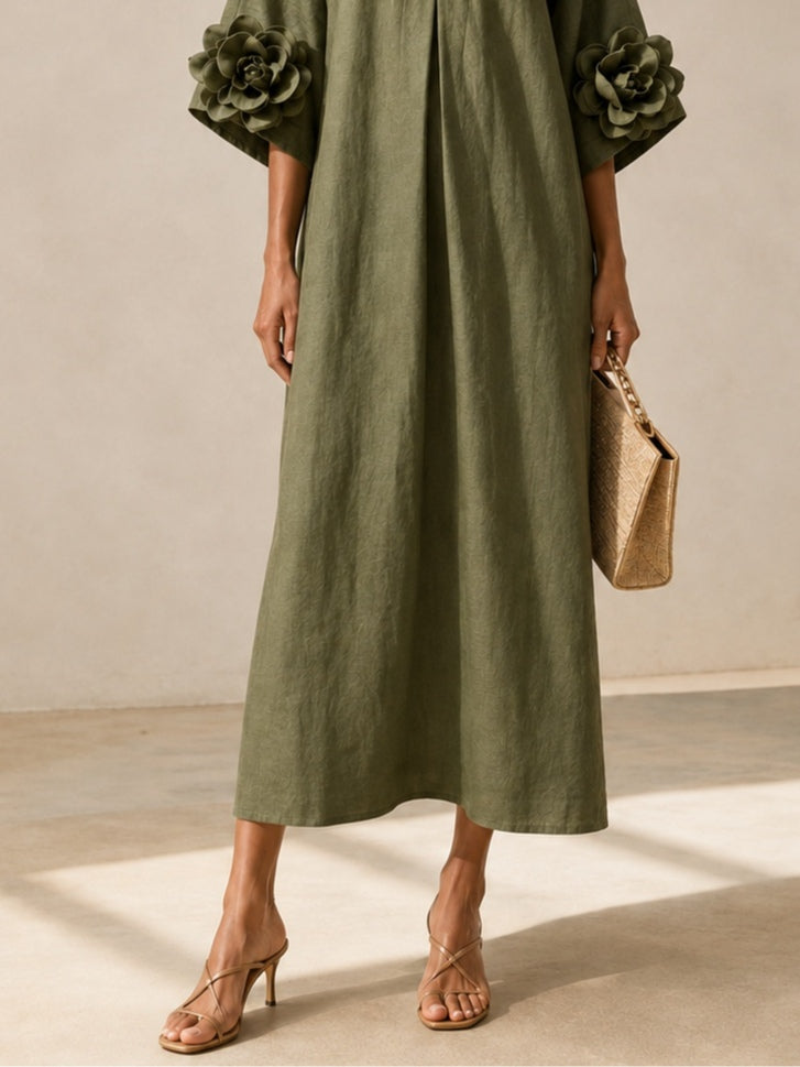 Vestido Midi Verde Oliva con Mangas Bordadas Florales