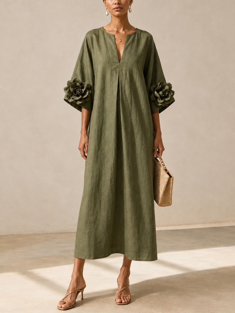 Vestido Midi Verde Oliva con Mangas Bordadas Florales