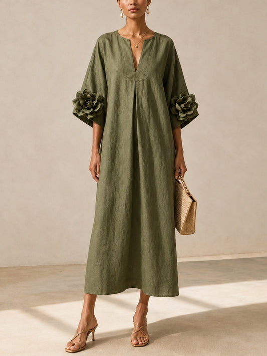 Vestido Midi Verde Oliva con Mangas Bordadas Florales