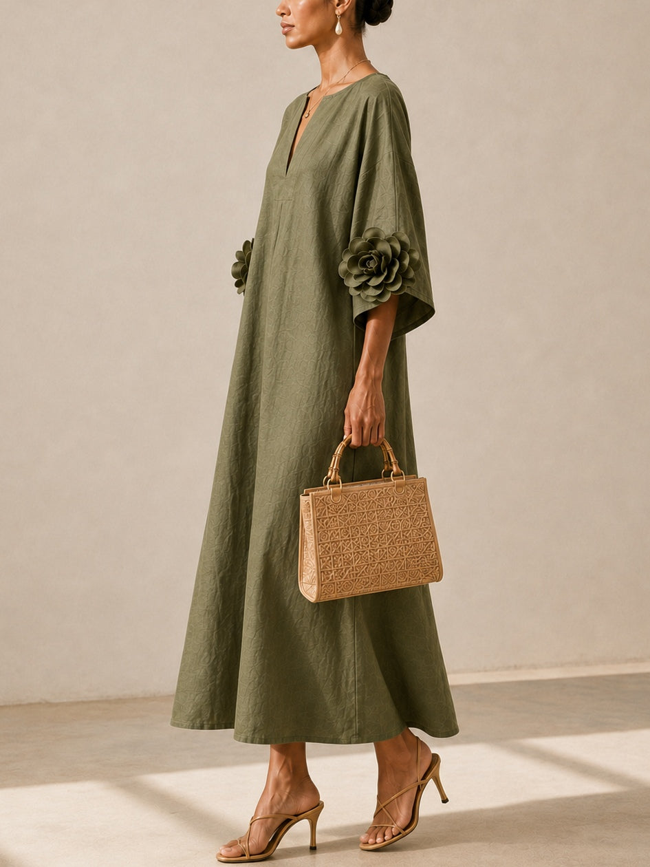 Vestido Midi Verde Oliva con Mangas Bordadas Florales