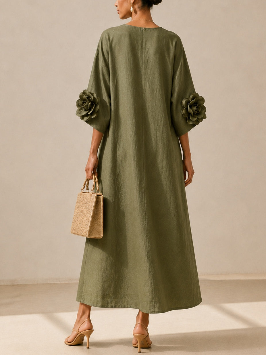 Vestido Midi Verde Oliva con Mangas Bordadas Florales