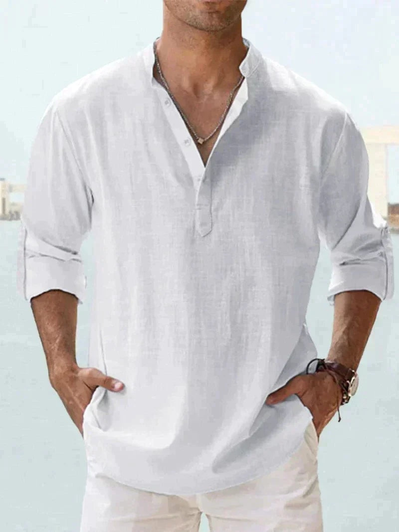 Camisa de Lino Manga Larga Cuello Abierto