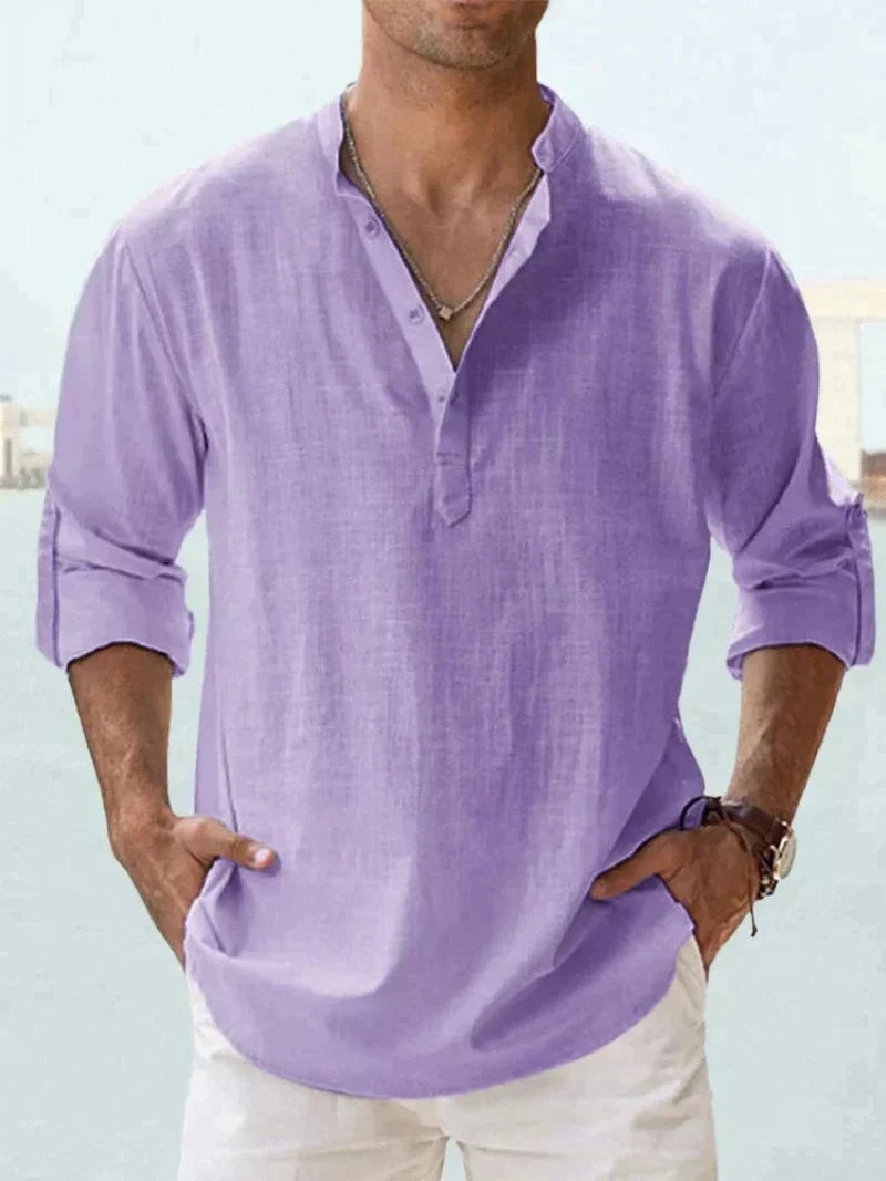 Camisa de Lino Manga Larga Cuello Abierto