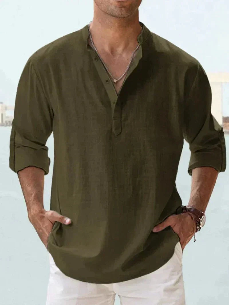 Camisa de Lino Manga Larga Cuello Abierto