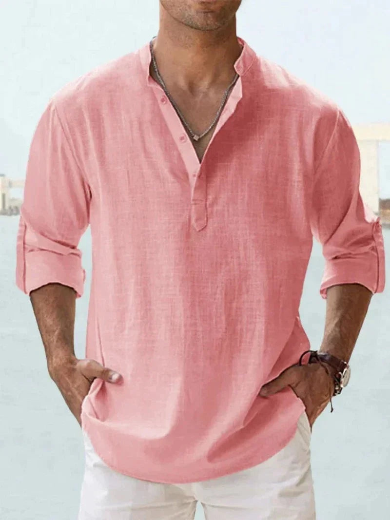 Camisa de Lino Manga Larga Cuello Abierto