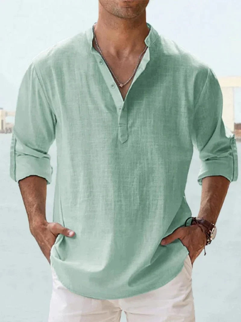 Camisa de Lino Manga Larga Cuello Abierto