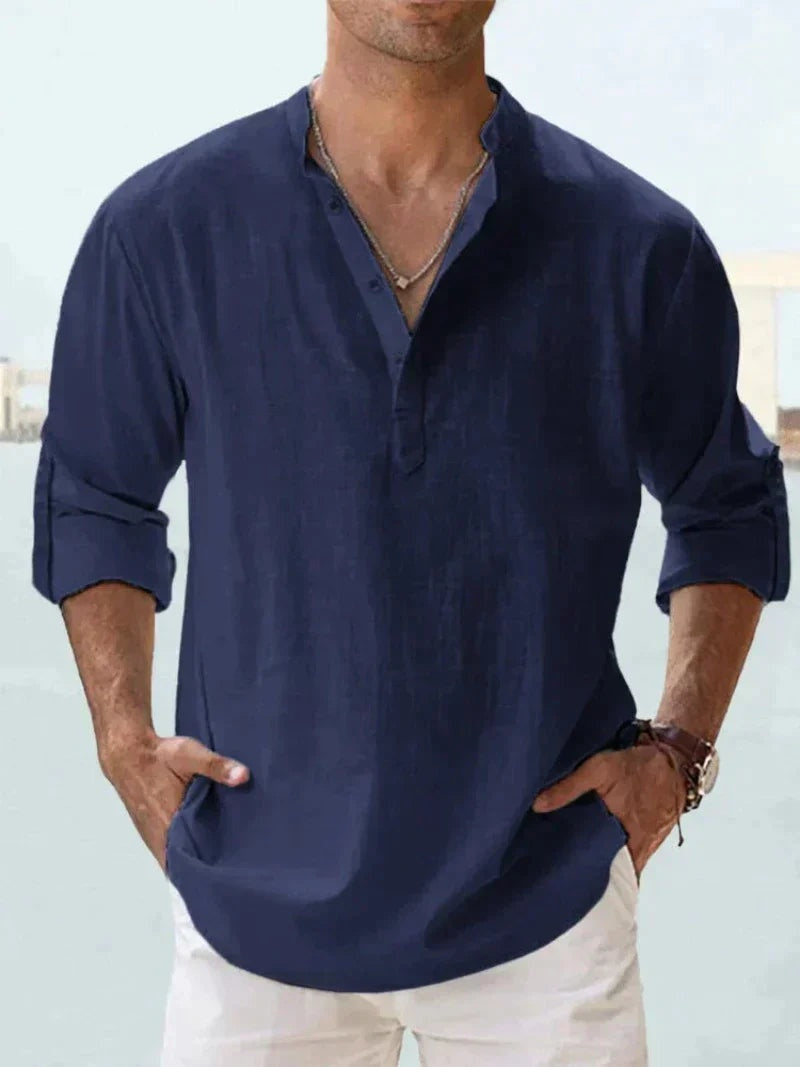 Camisa de Lino Manga Larga Cuello Abierto