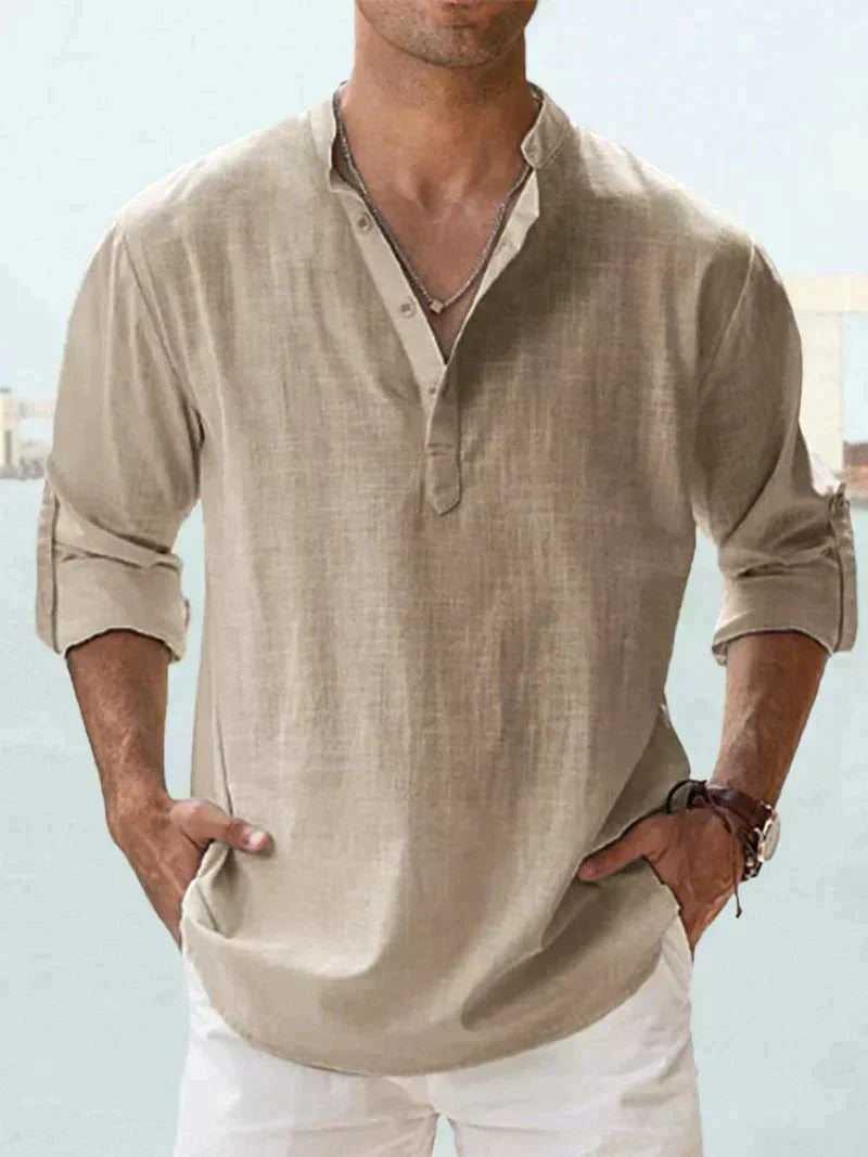 Camisa de Lino Manga Larga Cuello Abierto