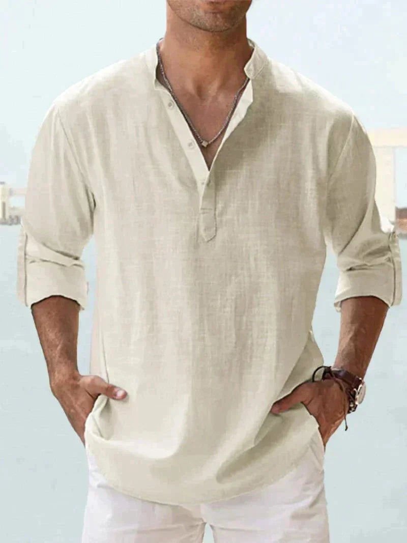 Camisa de Lino Manga Larga Cuello Abierto