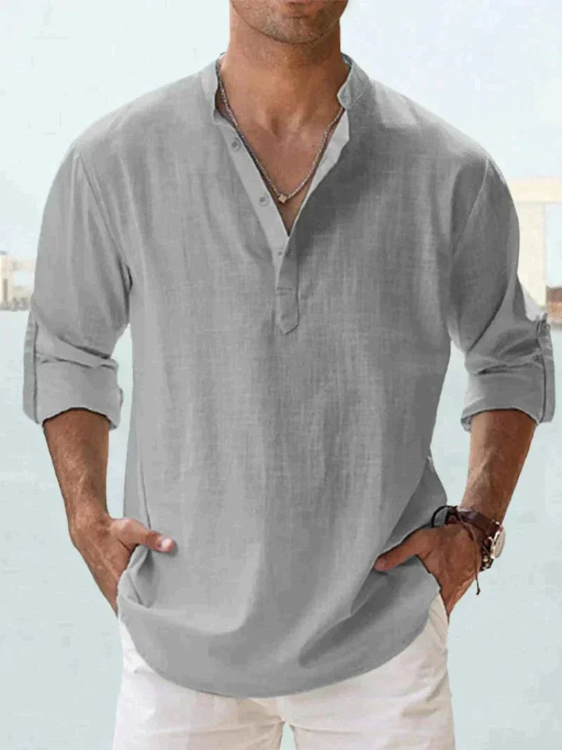 Camisa de Lino Manga Larga Cuello Abierto