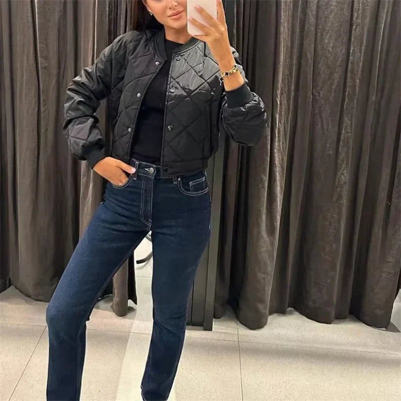 Chaqueta Bomber Acolchada para Mujer, Cuello Redondo