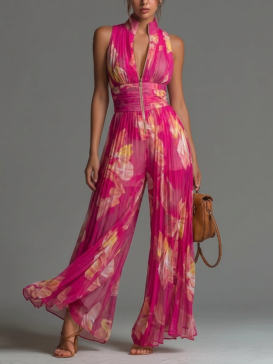 Mono de Chiffon Floral Estampado Escote V Pierna Ancha